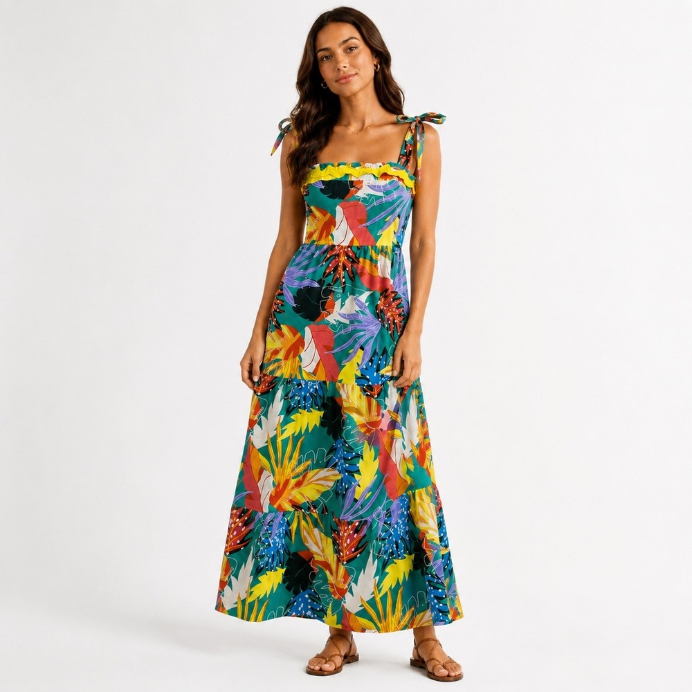 Summer Maxi‎ Dress Tropical Leaf Print Scalloped Trim Vacation Beach Green S